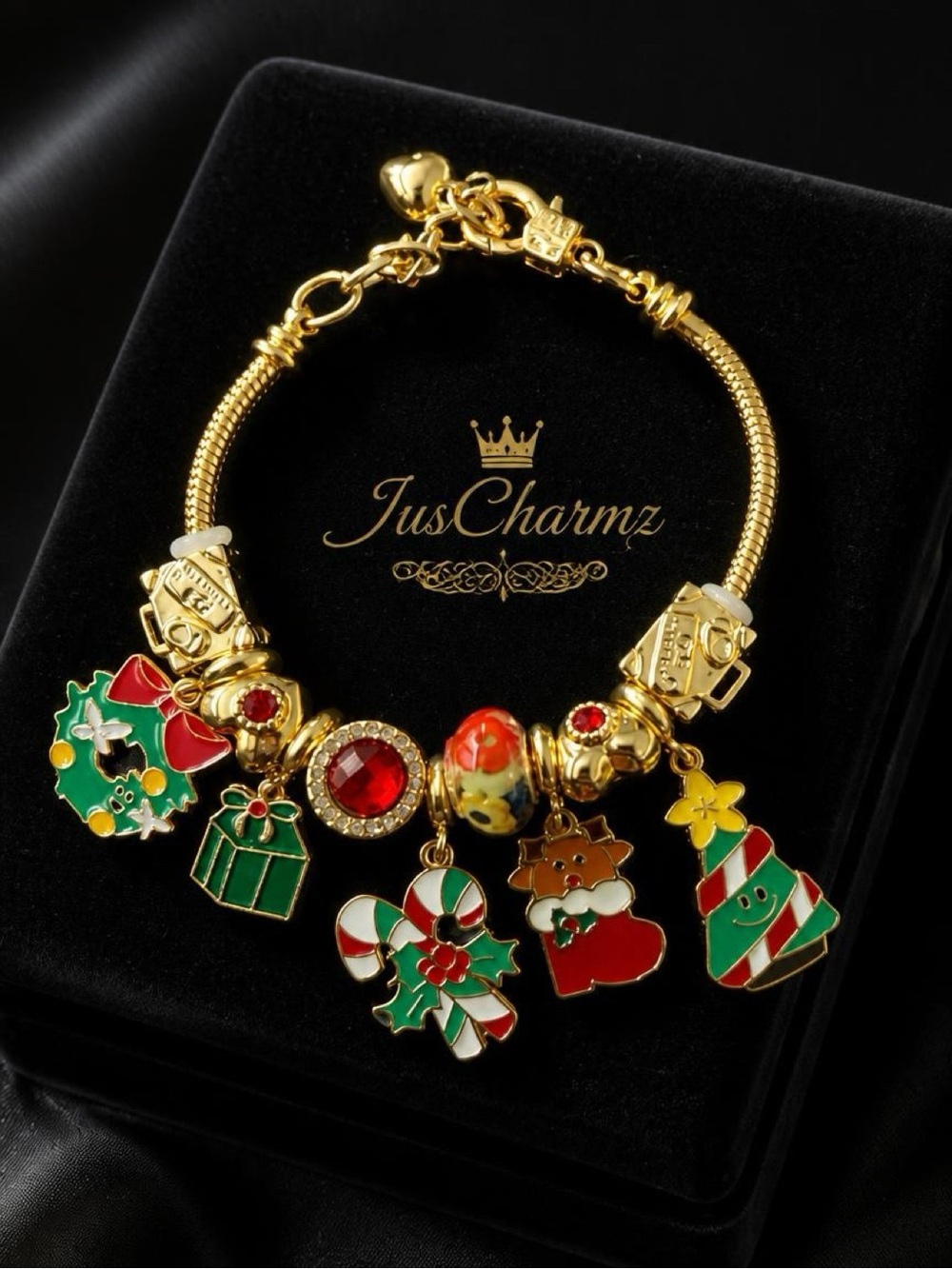 Gold Christmas Charm Bracelet with Red & Green Enamel Charms